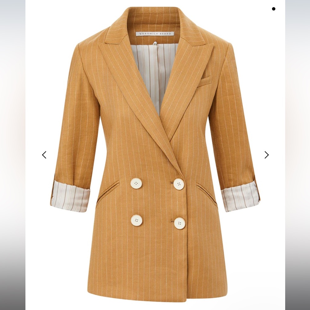 Veronica beard blazer in camel and white pin stripe